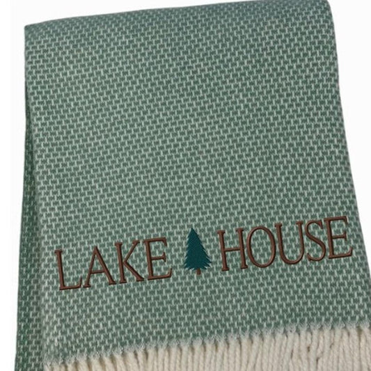 55" X 70" Sage And White Cotton Blend Lake House Embroidered Throw Blanket with Fringe