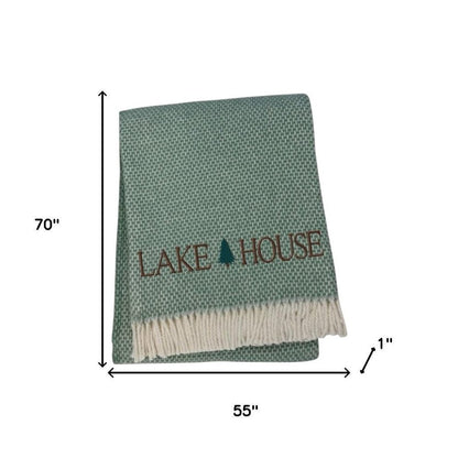 55" X 70" Sage And White Cotton Blend Lake House Embroidered Throw Blanket with Fringe HomeRoots