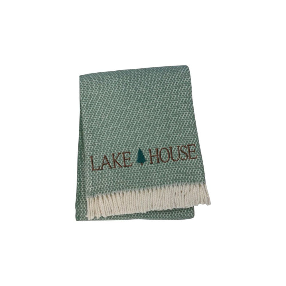 55" X 70" Sage And White Cotton Blend Lake House Embroidered Throw Blanket with Fringe HomeRoots