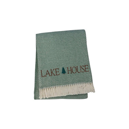 55" X 70" Sage And White Cotton Blend Lake House Embroidered Throw Blanket with Fringe HomeRoots