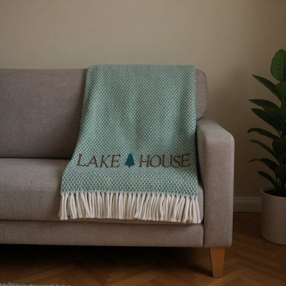 55" X 70" Sage And White Cotton Blend Lake House Embroidered Throw Blanket with Fringe HomeRoots