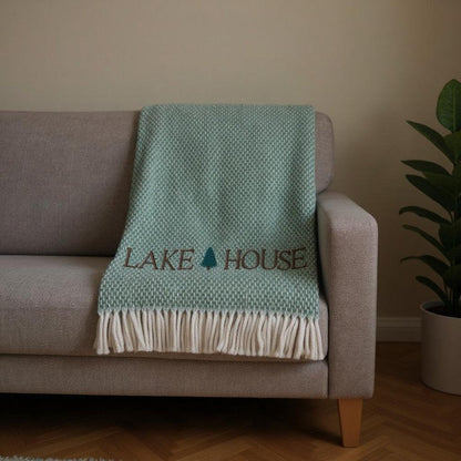 55" X 70" Sage And White Cotton Blend Lake House Embroidered Throw Blanket with Fringe HomeRoots