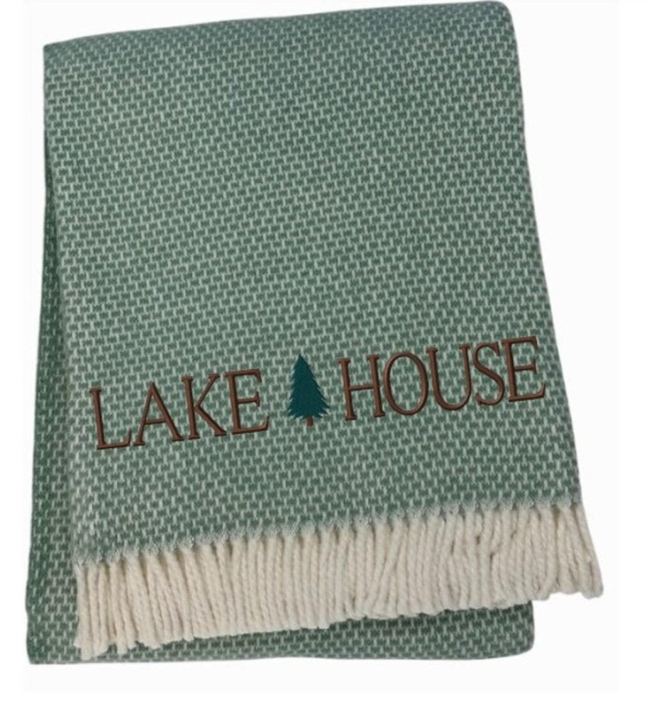 55" X 70" Sage And White Cotton Blend Lake House Embroidered Throw Blanket with Fringe — view 7