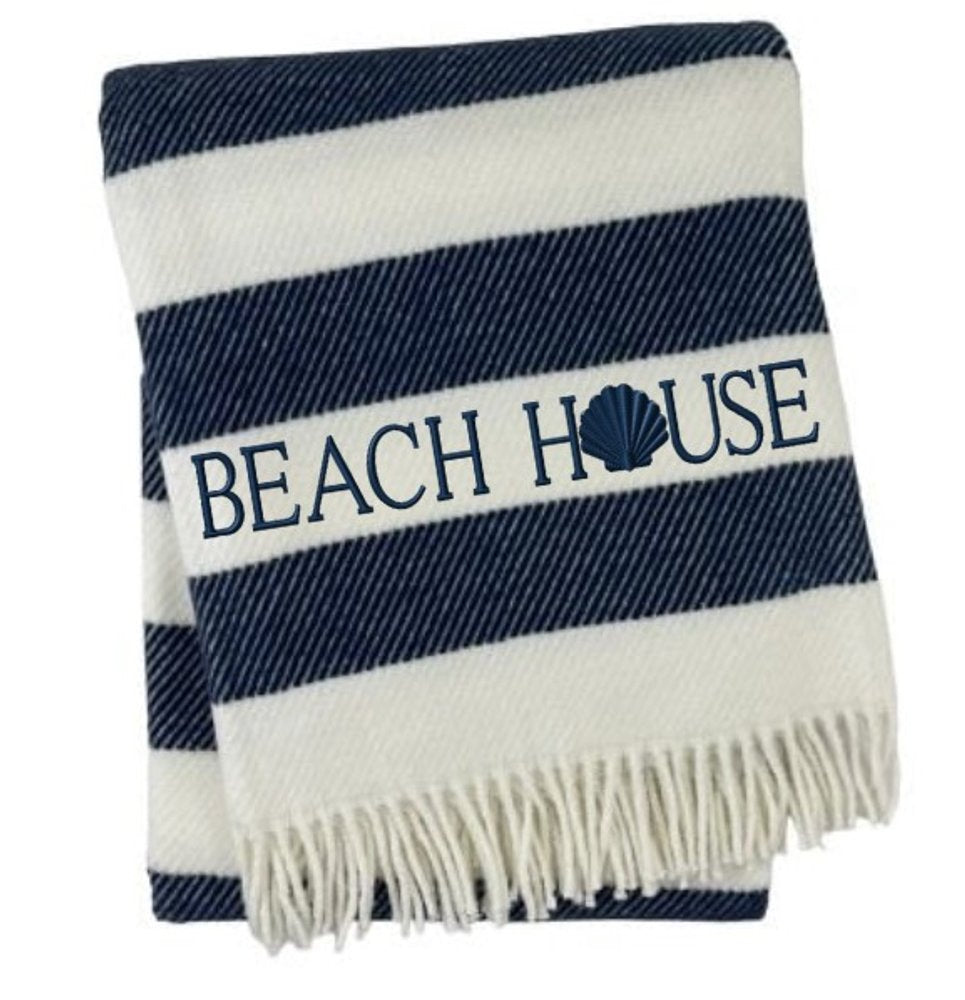 55" X 70" Navy Blue And White Stripe Cotton Beach House Embroidered Throw Blanket with Fringe HomeRoots