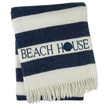 55" X 70" Navy Blue And White Stripe Cotton Beach House Embroidered Throw Blanket with Fringe HomeRoots