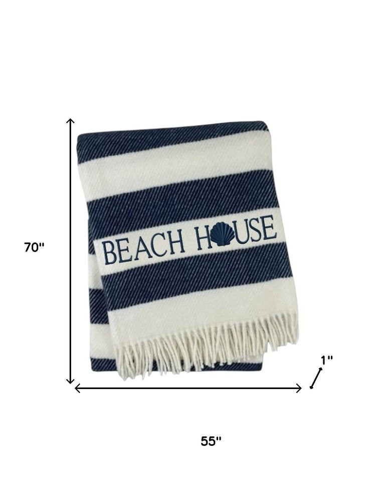 55" X 70" Navy Blue And White Stripe Cotton Beach House Embroidered Throw Blanket with Fringe HomeRoots