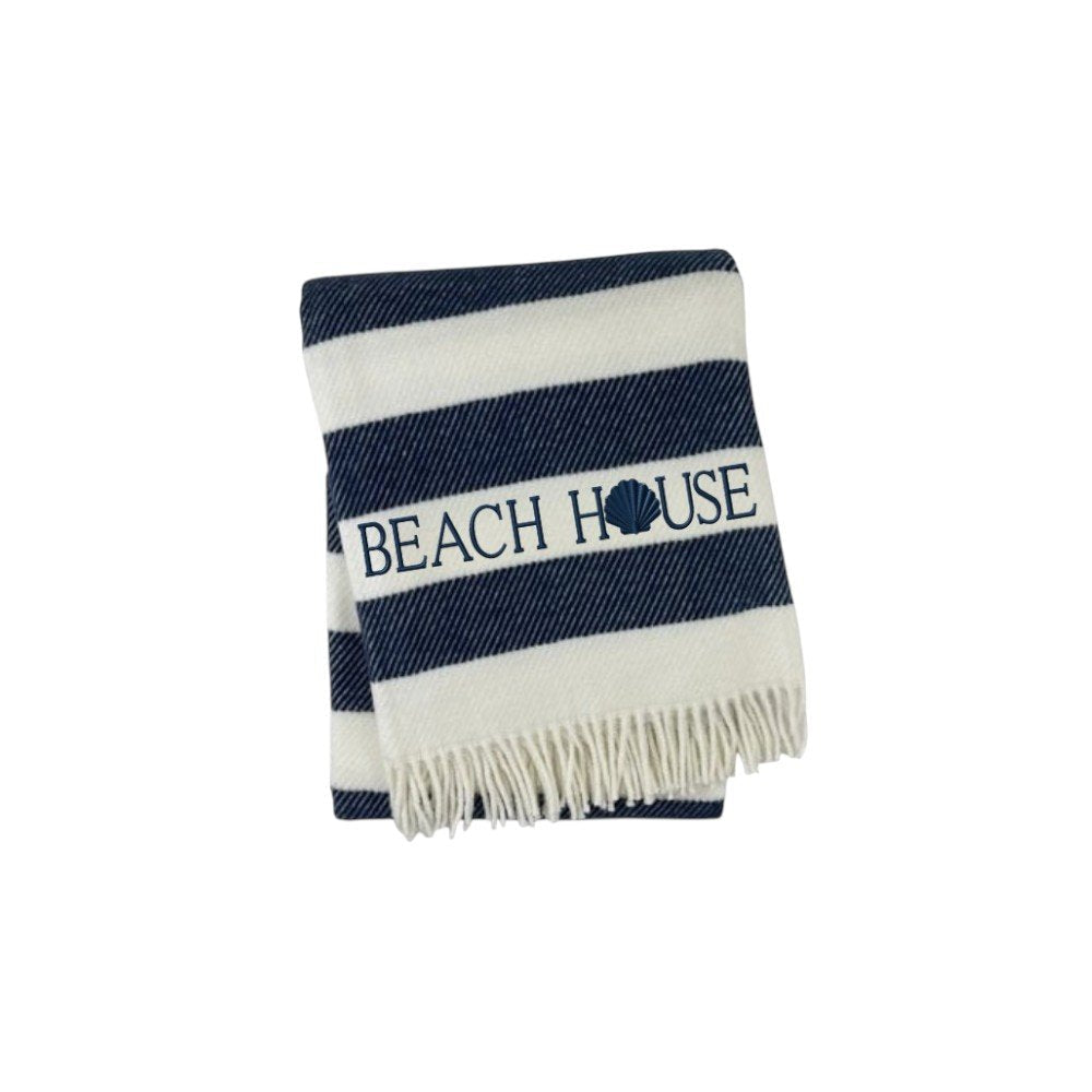 55" X 70" Navy Blue And White Stripe Cotton Beach House Embroidered Throw Blanket with Fringe HomeRoots