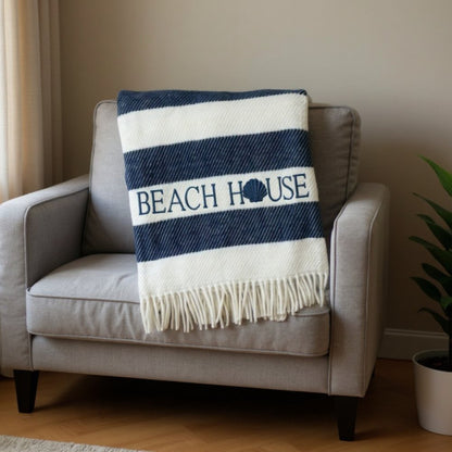 55" X 70" Navy Blue And White Stripe Cotton Beach House Embroidered Throw Blanket with Fringe HomeRoots