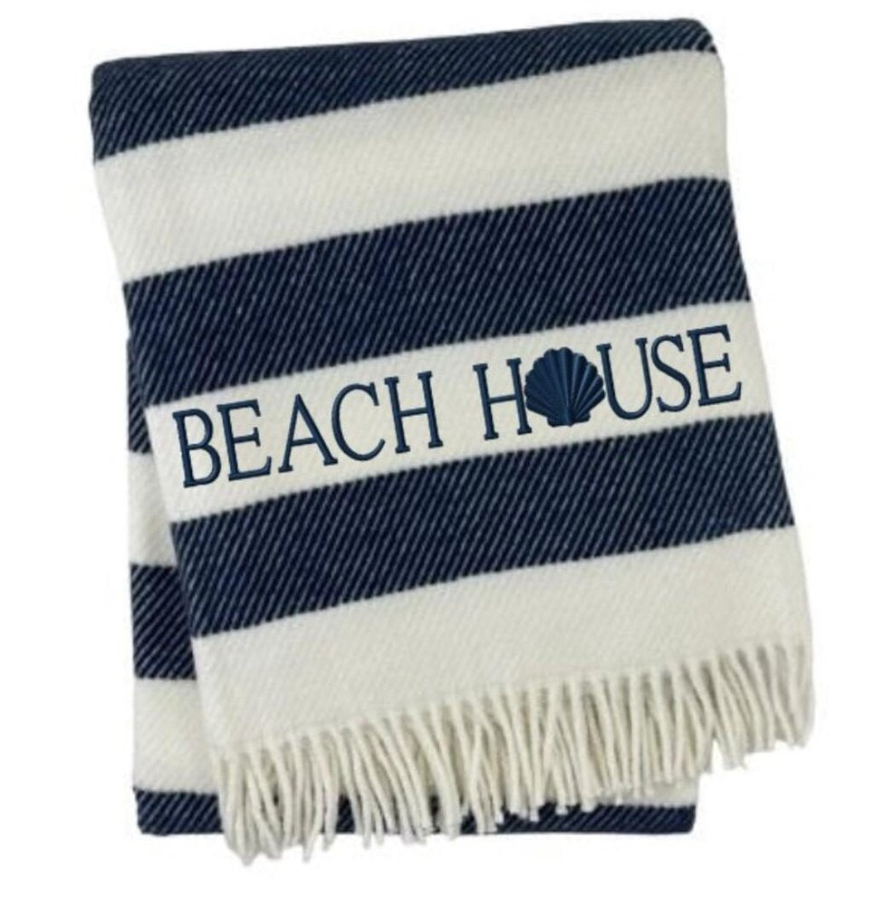 55" X 70" Navy Blue And White Stripe Cotton Beach House Embroidered Throw Blanket with Fringe