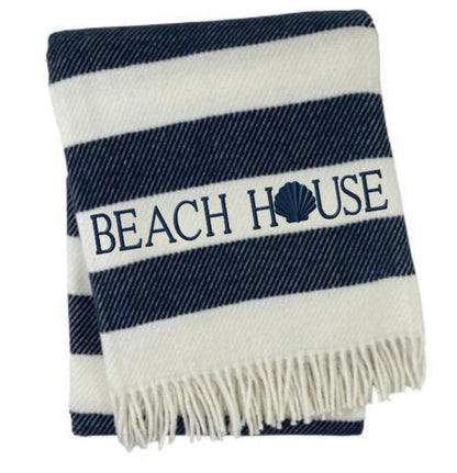 55" X 70" Navy Blue And White Stripe Cotton Beach House Embroidered Throw Blanket with Fringe
