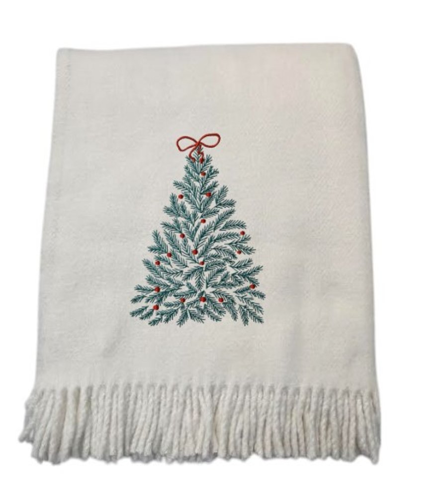 55" X 70" Cream Cotton Blend Woven Christmas Tree Embroidered Throw Blanket with Fringe HomeRoots