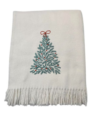 55" X 70" Cream Cotton Blend Woven Christmas Tree Embroidered Throw Blanket with Fringe HomeRoots