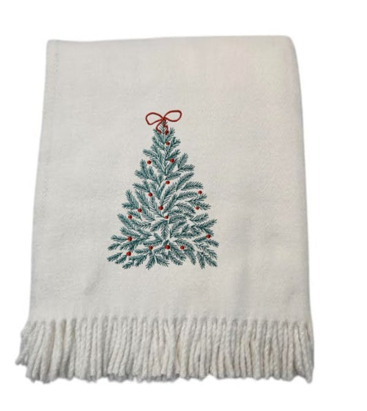 55" X 70" Cream Cotton Blend Woven Christmas Tree Embroidered Throw Blanket with Fringe HomeRoots