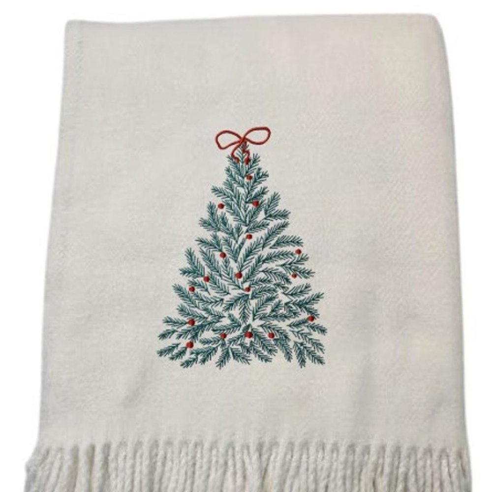 55" X 70" Cream Cotton Blend Woven Christmas Tree Embroidered Throw Blanket with Fringe HomeRoots