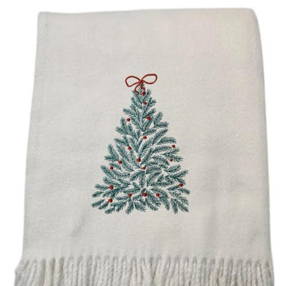 55" X 70" Cream Cotton Blend Woven Christmas Tree Embroidered Throw Blanket with Fringe HomeRoots