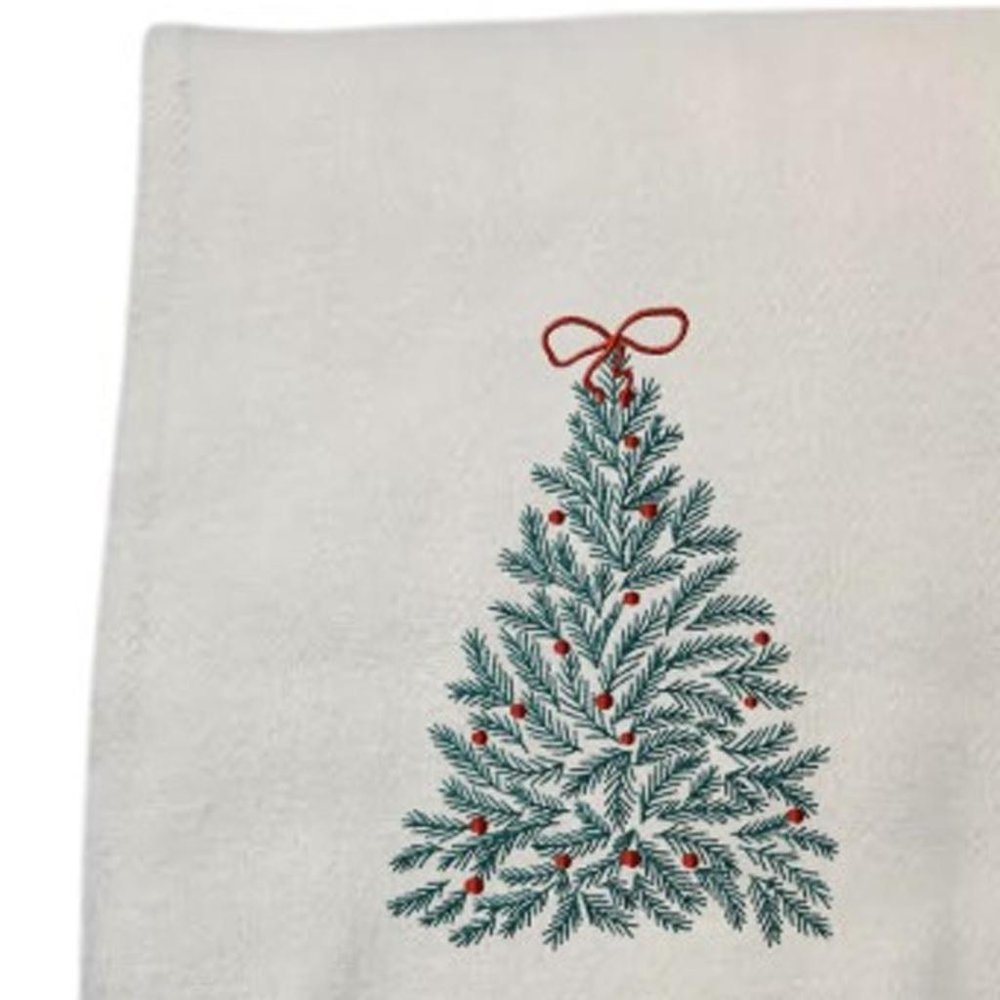 55" X 70" Cream Cotton Blend Woven Christmas Tree Embroidered Throw Blanket with Fringe HomeRoots
