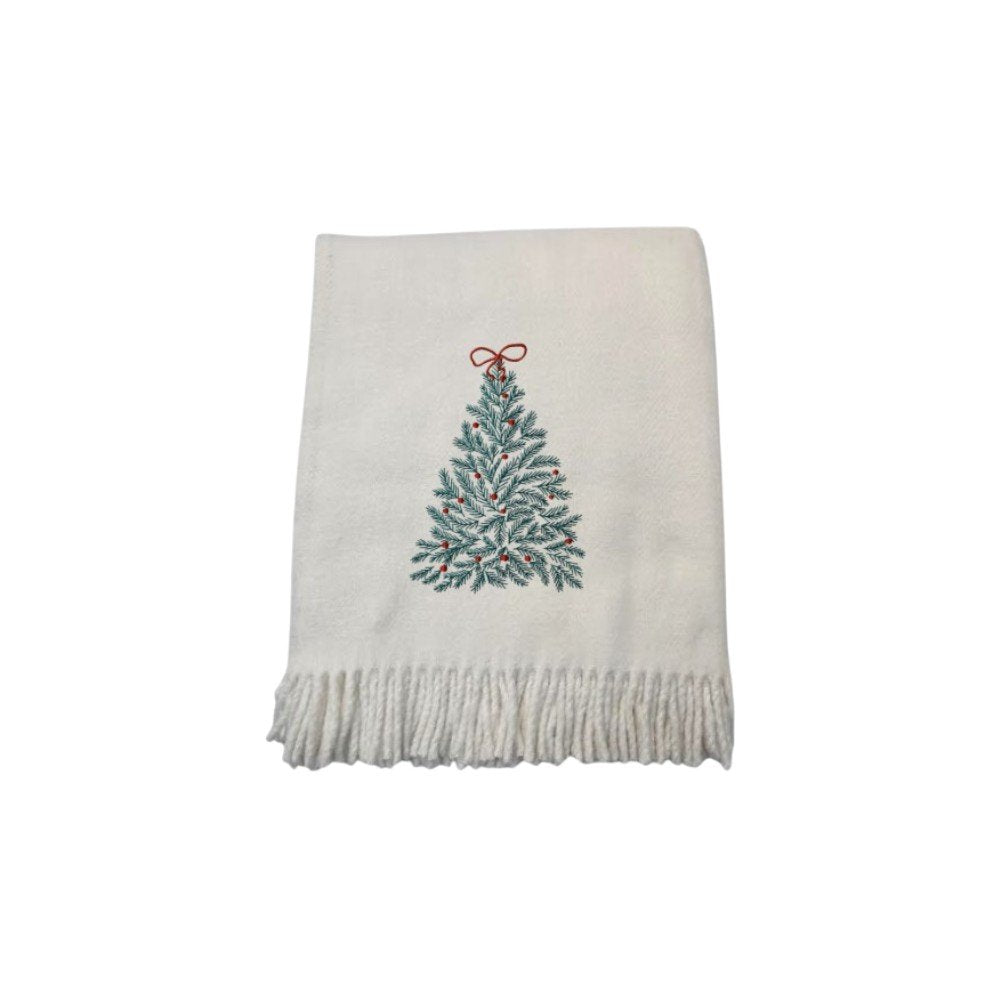 55" X 70" Cream Cotton Blend Woven Christmas Tree Embroidered Throw Blanket with Fringe HomeRoots