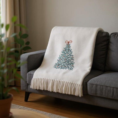 55" X 70" Cream Cotton Blend Woven Christmas Tree Embroidered Throw Blanket with Fringe HomeRoots