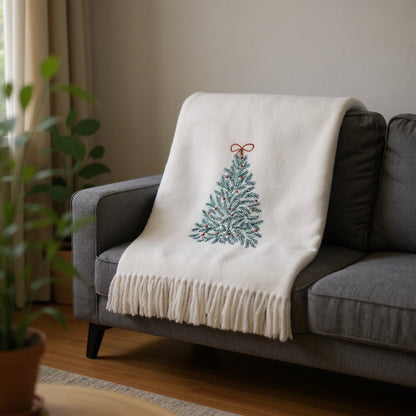 55" X 70" Cream Cotton Blend Woven Christmas Tree Embroidered Throw Blanket with Fringe HomeRoots