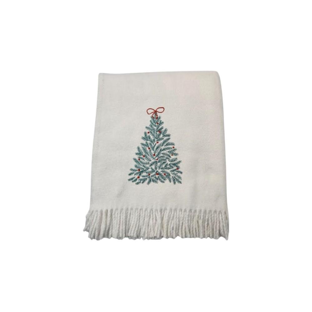 55" X 70" Cream Cotton Blend Woven Christmas Tree Embroidered Throw Blanket with Fringe — view 6