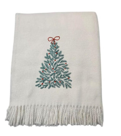 55" X 70" Cream Cotton Blend Woven Christmas Tree Embroidered Throw Blanket with Fringe
