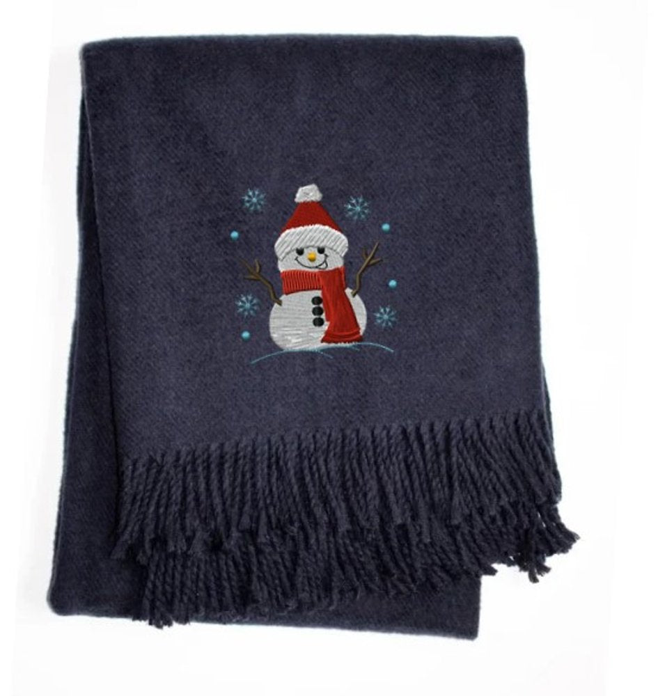 55" X 70" Navy BlueCotton Blend Woven Snowman Embroidered Throw Blanket with Fringe HomeRoots