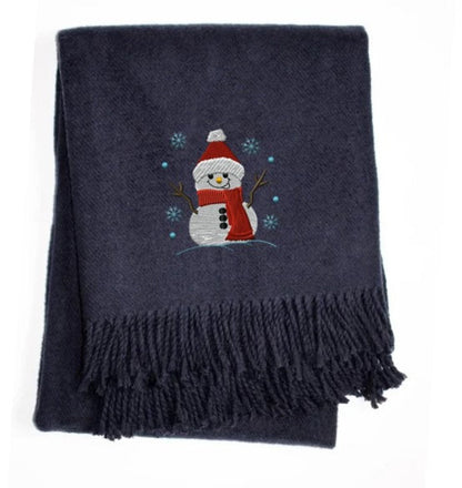 55" X 70" Navy BlueCotton Blend Woven Snowman Embroidered Throw Blanket with Fringe HomeRoots