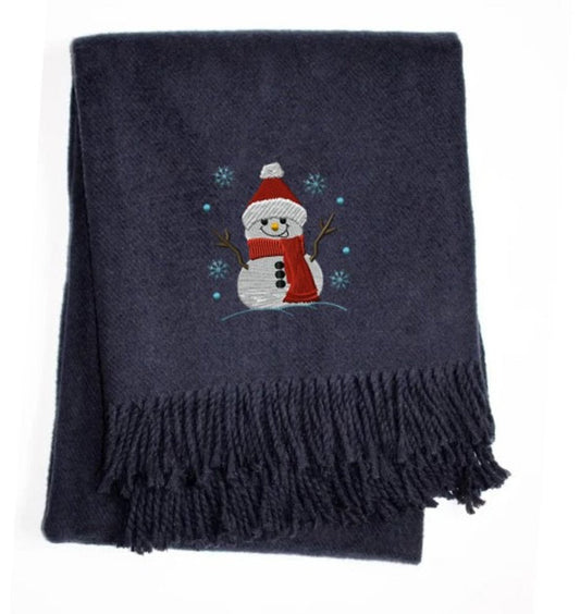 55" X 70" Navy BlueCotton Blend Woven Snowman Embroidered Throw Blanket with Fringe HomeRoots