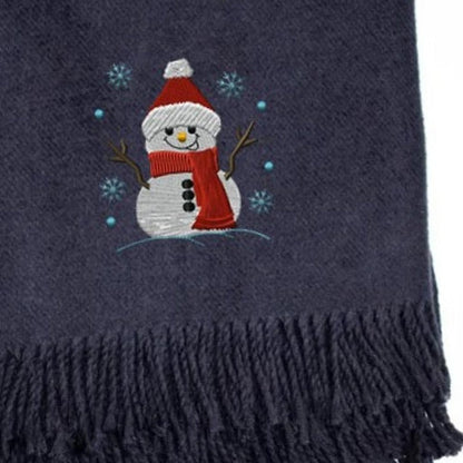 55" X 70" Navy BlueCotton Blend Woven Snowman Embroidered Throw Blanket with Fringe HomeRoots