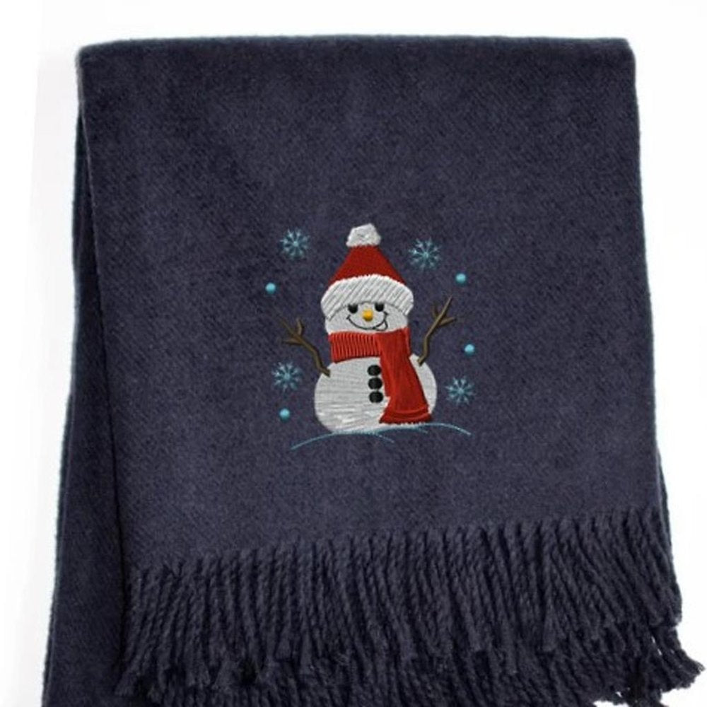 55" X 70" Navy BlueCotton Blend Woven Snowman Embroidered Throw Blanket with Fringe HomeRoots