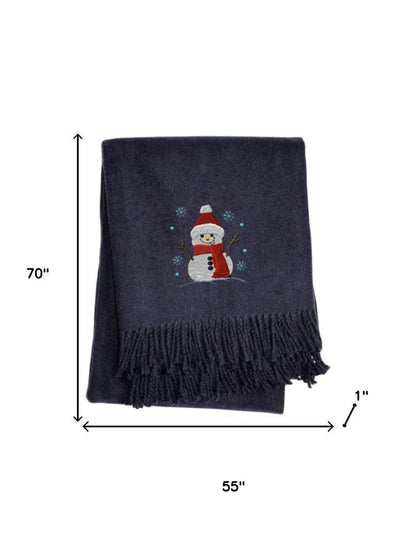 55" X 70" Navy BlueCotton Blend Woven Snowman Embroidered Throw Blanket with Fringe HomeRoots