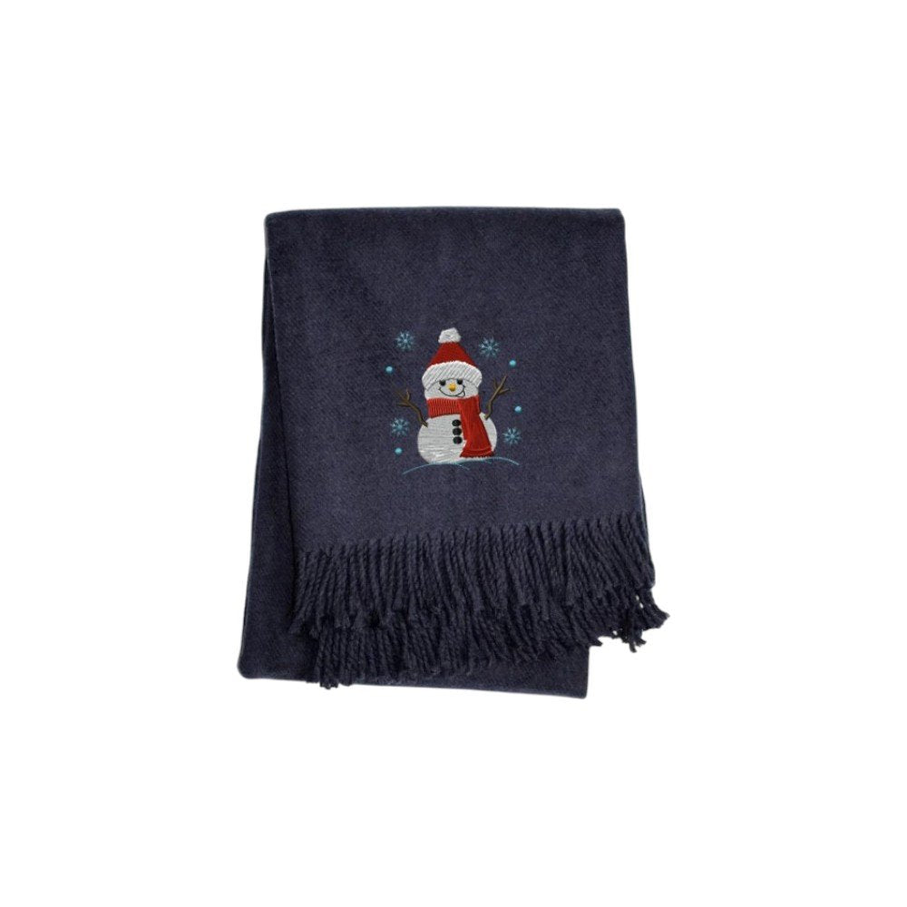 55" X 70" Navy BlueCotton Blend Woven Snowman Embroidered Throw Blanket with Fringe HomeRoots