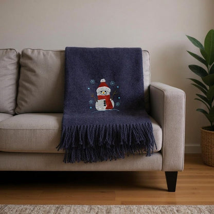 55" X 70" Navy BlueCotton Blend Woven Snowman Embroidered Throw Blanket with Fringe HomeRoots