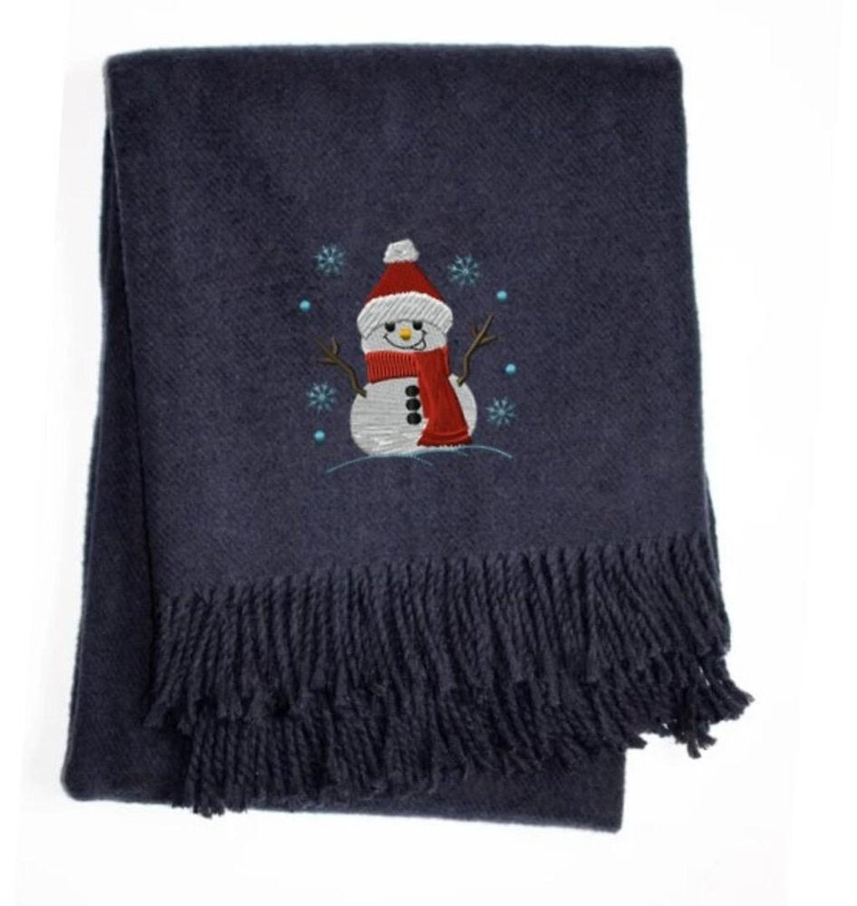55" X 70" Navy BlueCotton Blend Woven Snowman Embroidered Throw Blanket with Fringe — view 7
