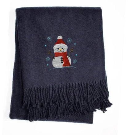 55" X 70" Navy BlueCotton Blend Woven Snowman Embroidered Throw Blanket with Fringe