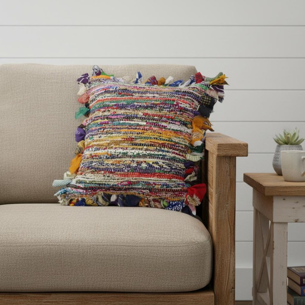 18" Pink Blue Red And Orange Striped Rayon Throw Pillow Cover with Tufts — view 1