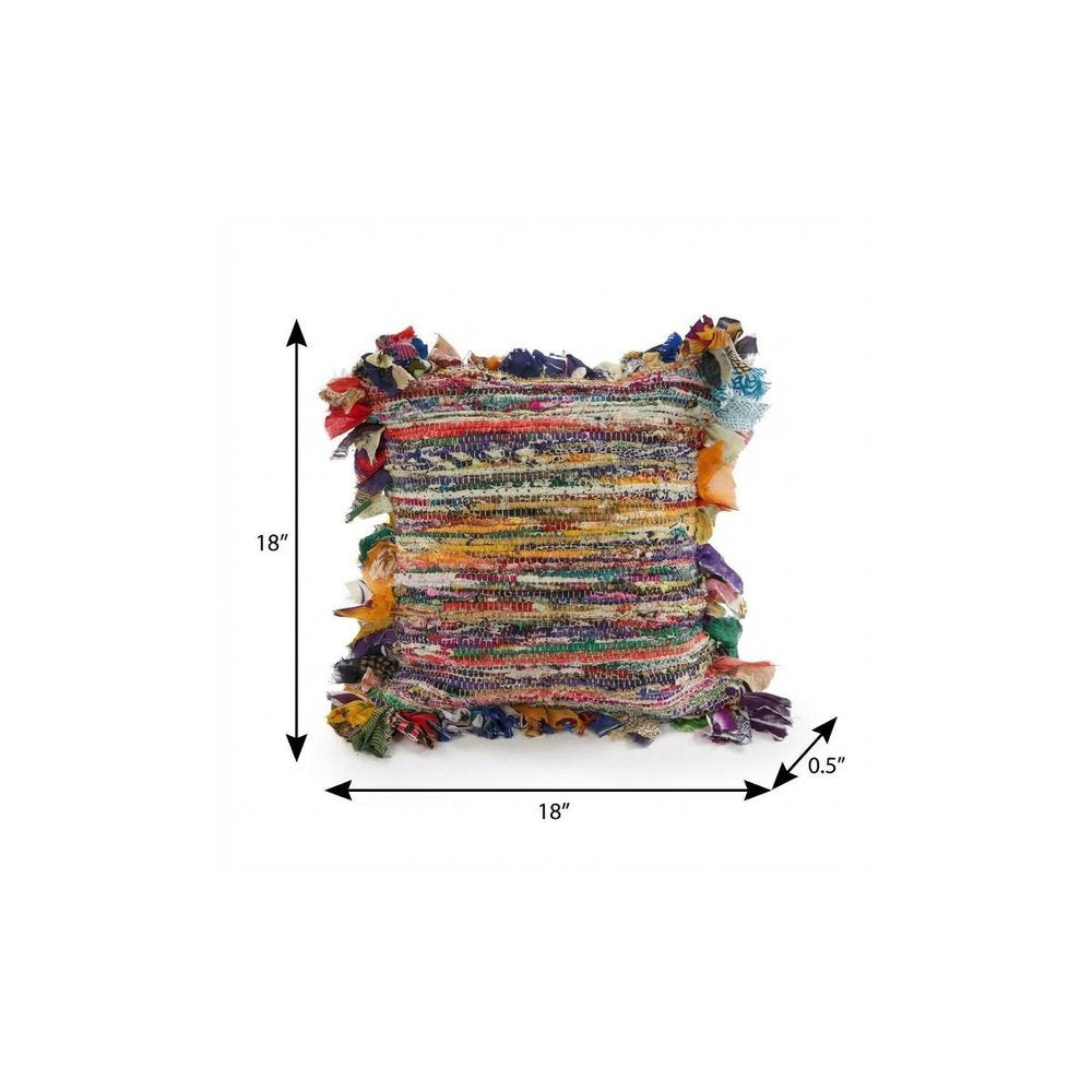 18" Pink Blue Red And Orange Striped Rayon Throw Pillow Cover with Tufts — view 3