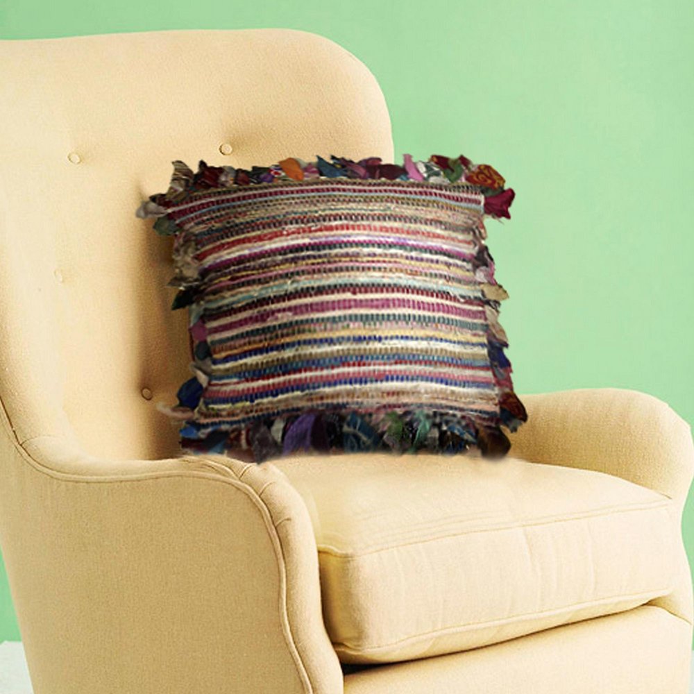 18" Pink Blue Red And Orange Striped Rayon Throw Pillow Cover with Tufts — view 7
