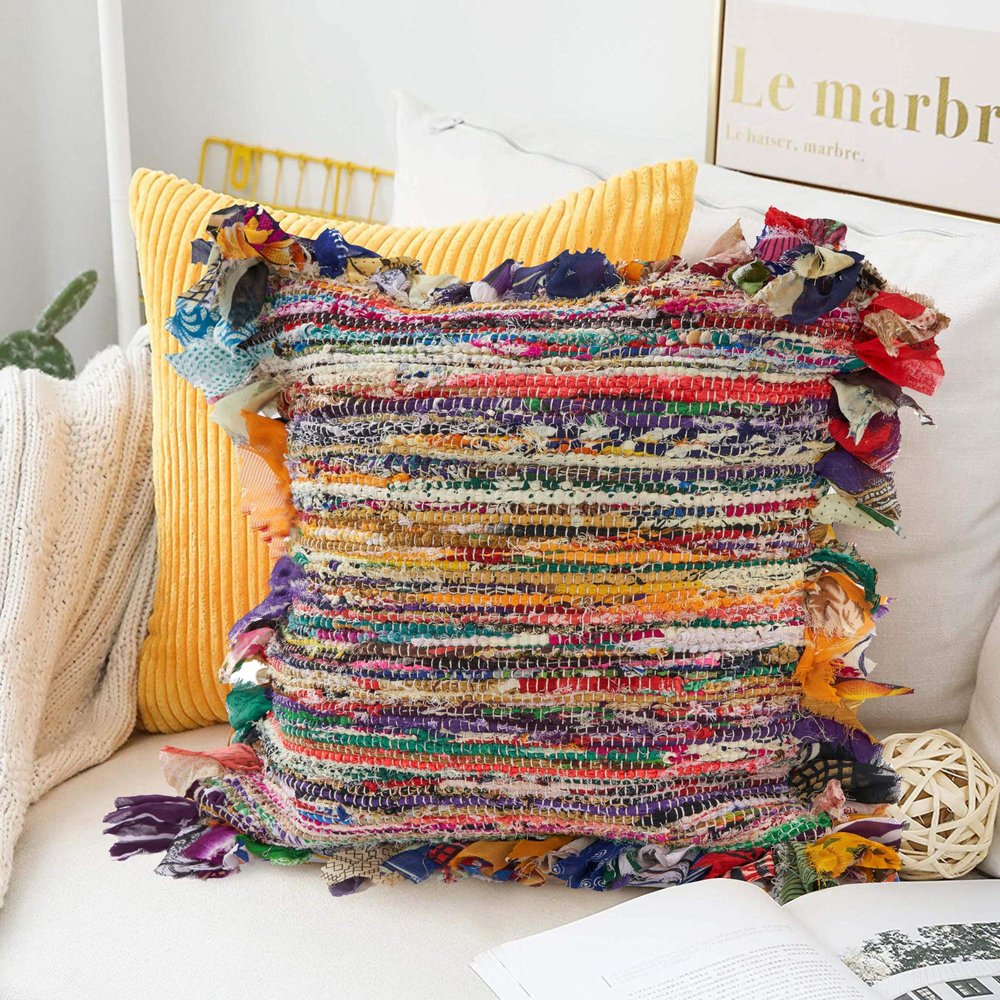 18" Pink Blue Red And Orange Striped Rayon Throw Pillow Cover with Tufts — view 8