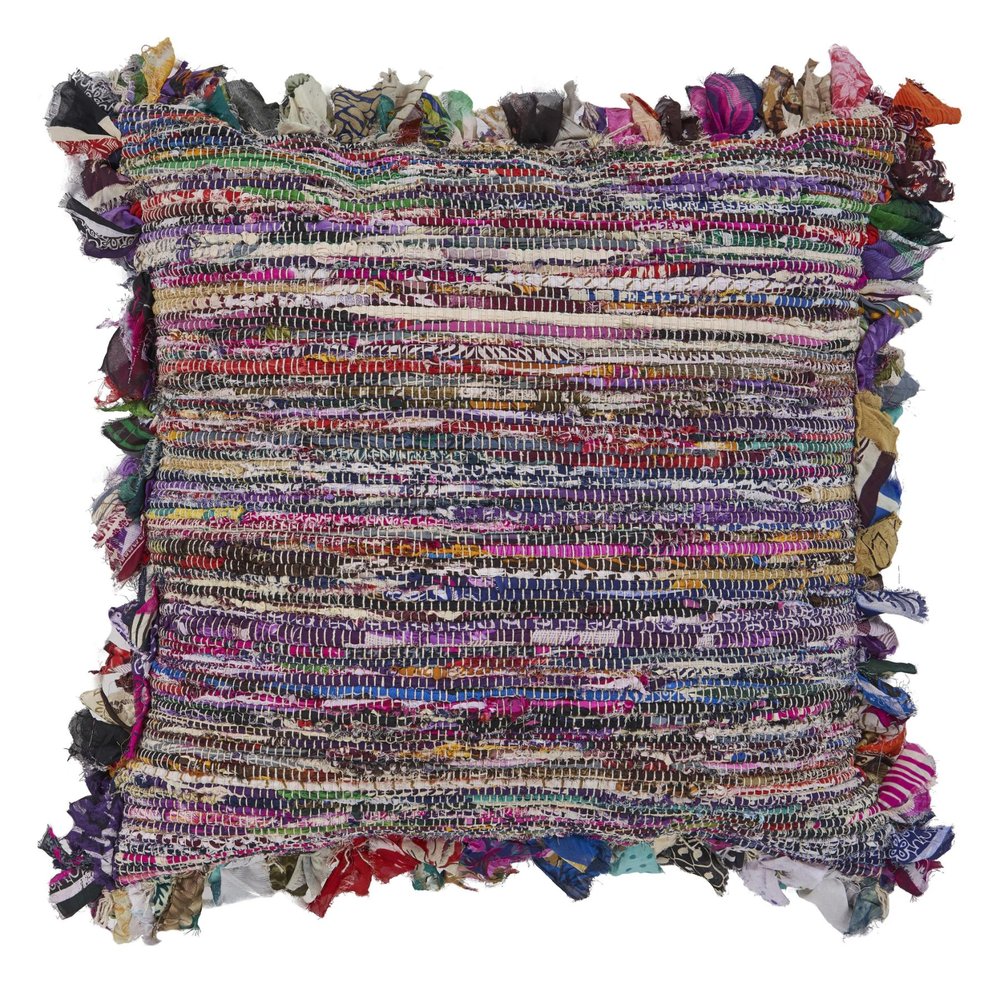 26" Blue Orange Pink And Red Striped Rayon Throw Pillow Cover with Tufts — view 3