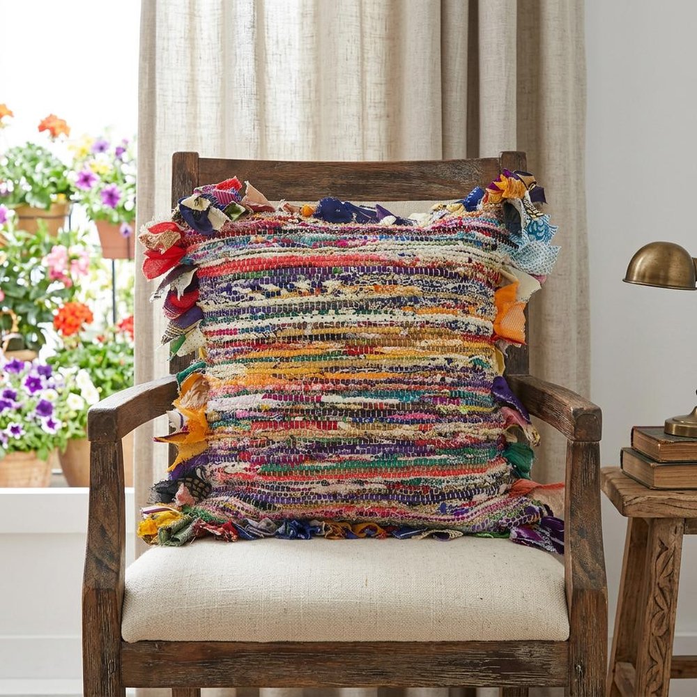 26" Blue Orange Pink And Red Striped Rayon Throw Pillow Cover with Tufts HomeRoots