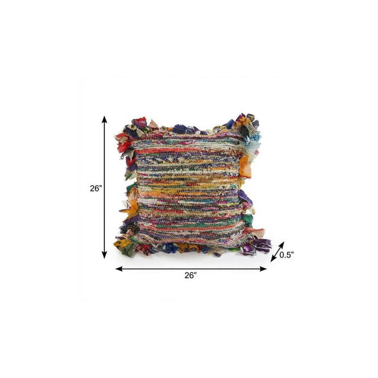 26" Blue Orange Pink And Red Striped Rayon Throw Pillow Cover with Tufts