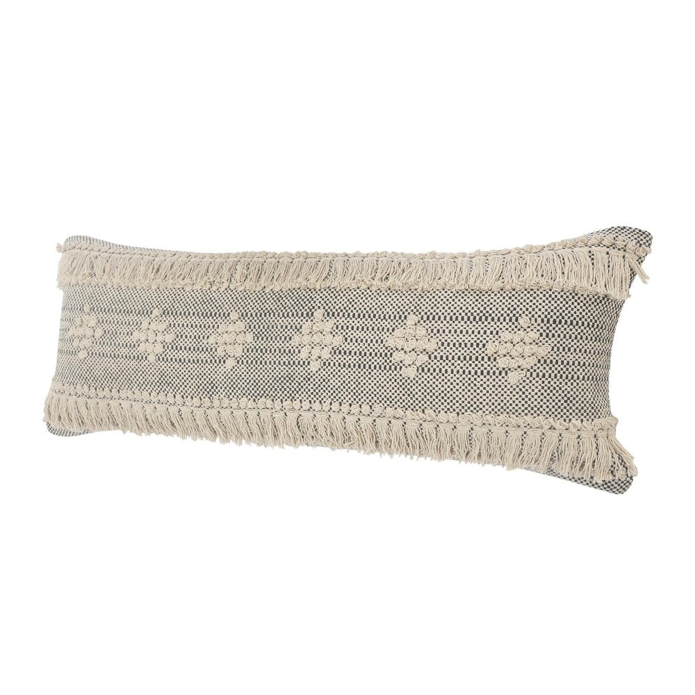 14" X 36" Black And Cream Lumbar Geometric Cotton Throw Pillow Cover with Fringe And Texture — view 2
