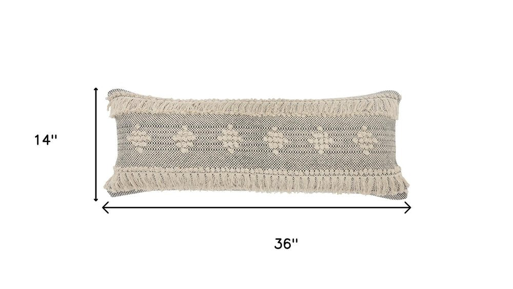 14" X 36" Black And Cream Lumbar Geometric Cotton Throw Pillow Cover with Fringe And Texture — view 5