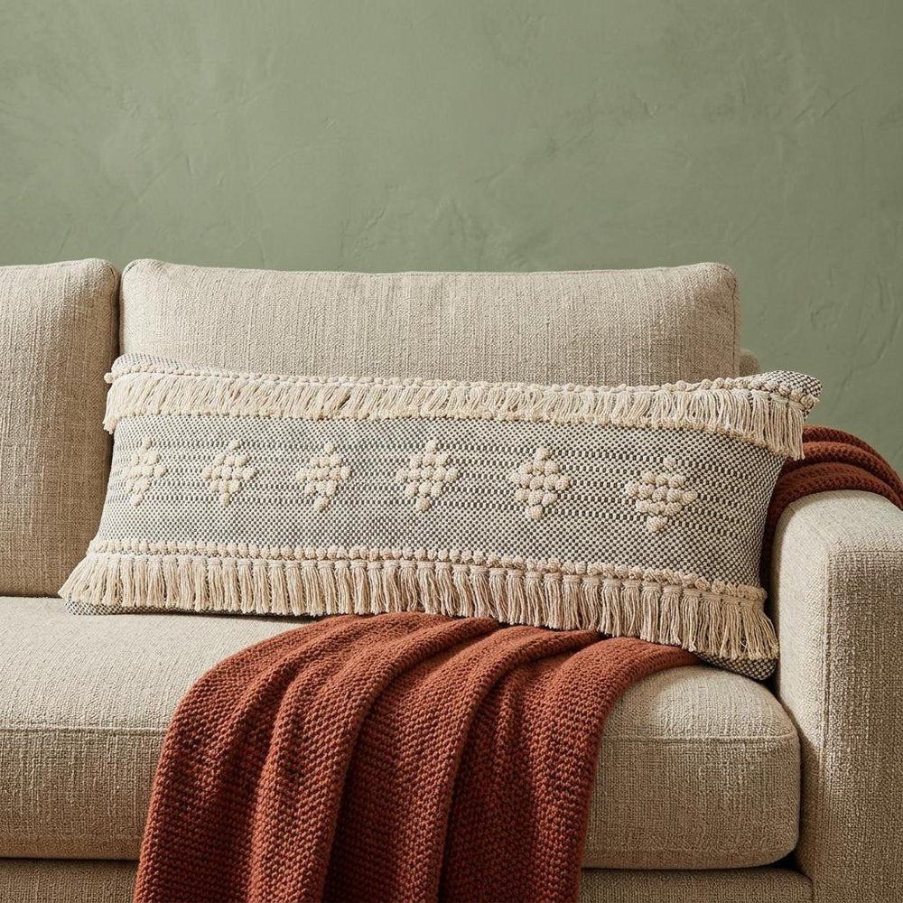 14" X 36" Black And Cream Lumbar Geometric Cotton Throw Pillow Cover with Fringe And Texture — view 6