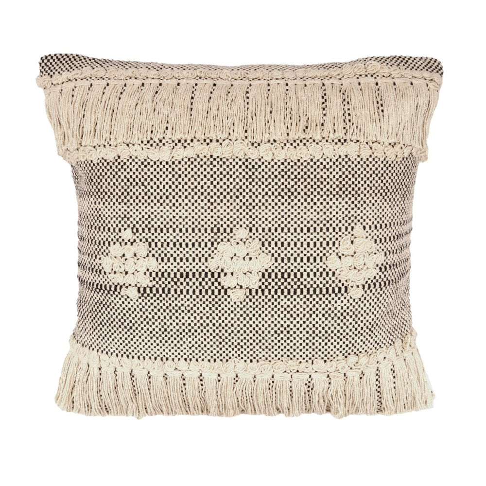 20" Black And Cream Geometric Cotton Throw Pillow Cover with Fringe And Texture — view 1