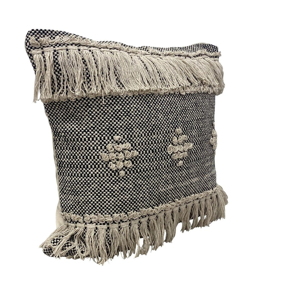 20" Black And Cream Geometric Cotton Throw Pillow Cover with Fringe And Texture — view 2