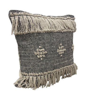 20" Black And Cream Geometric Cotton Throw Pillow Cover with Fringe And Texture