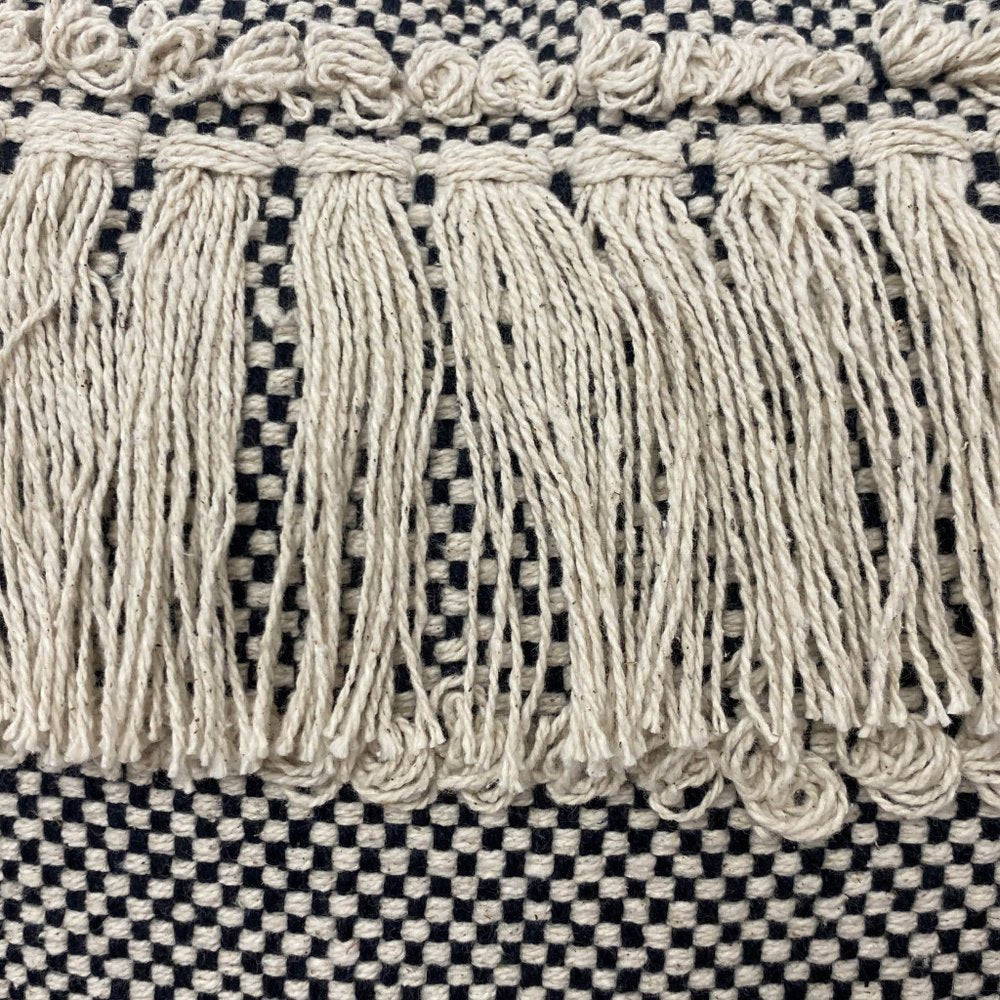 20" Black And Cream Geometric Cotton Throw Pillow Cover with Fringe And Texture — view 3