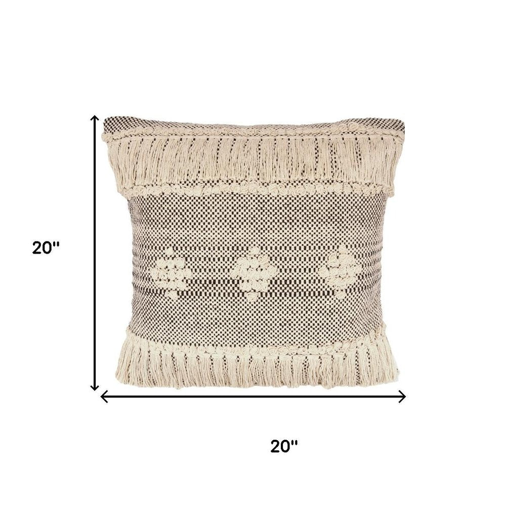 20" Black And Cream Geometric Cotton Throw Pillow Cover with Fringe And Texture — view 6